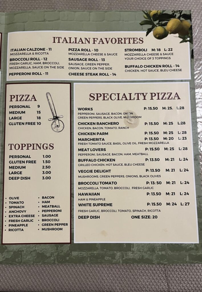 Villa Amato Menu 1