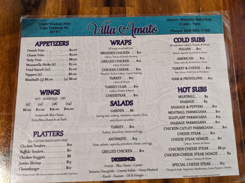 Villa Amato Menu 3