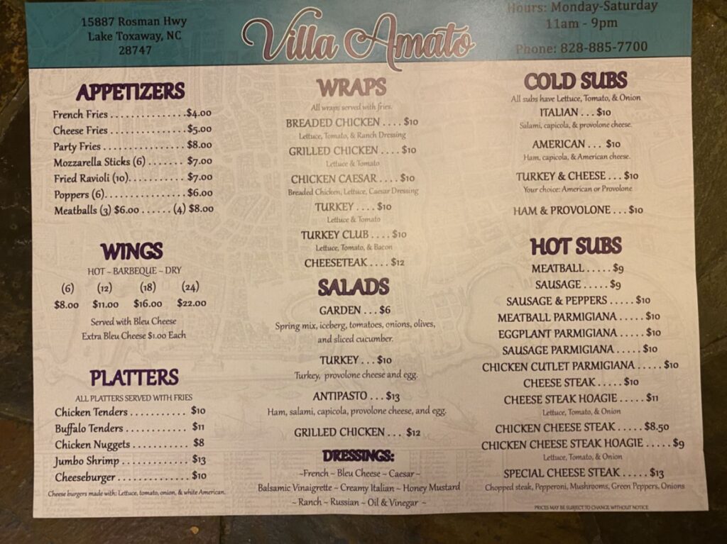 Villa Amato Menu 6
